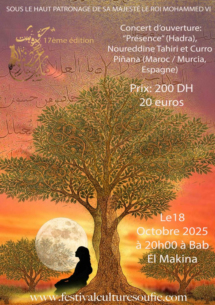 Concert du 18 octobre 2025 à 20h00 : Spectacle d’ouverture : Concert : “Présence” (Hadra), Noureddine Tahiri et Curro Piñana (Maroc / Murcia, Espagne) (Bab El Makina)