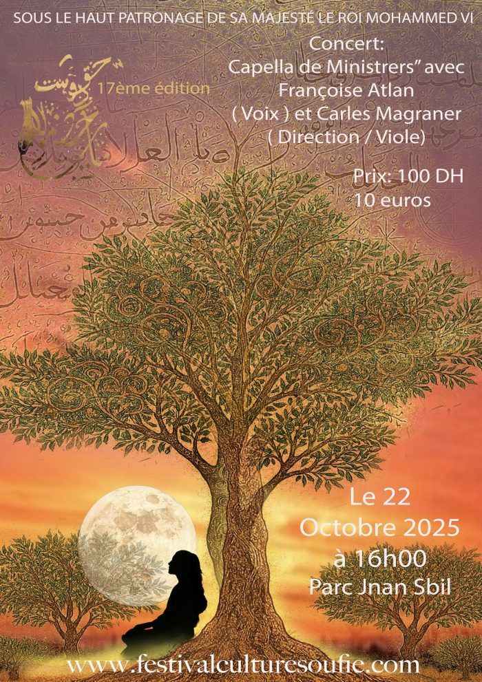 Concert du 22 octobre 2025 à 16h00 : Concert: “Capella de Ministrers” avec Françoise Atlan  ( Voix ) et Carles Magraner ( Direction / Viole),  au Parc Jnan Sbil